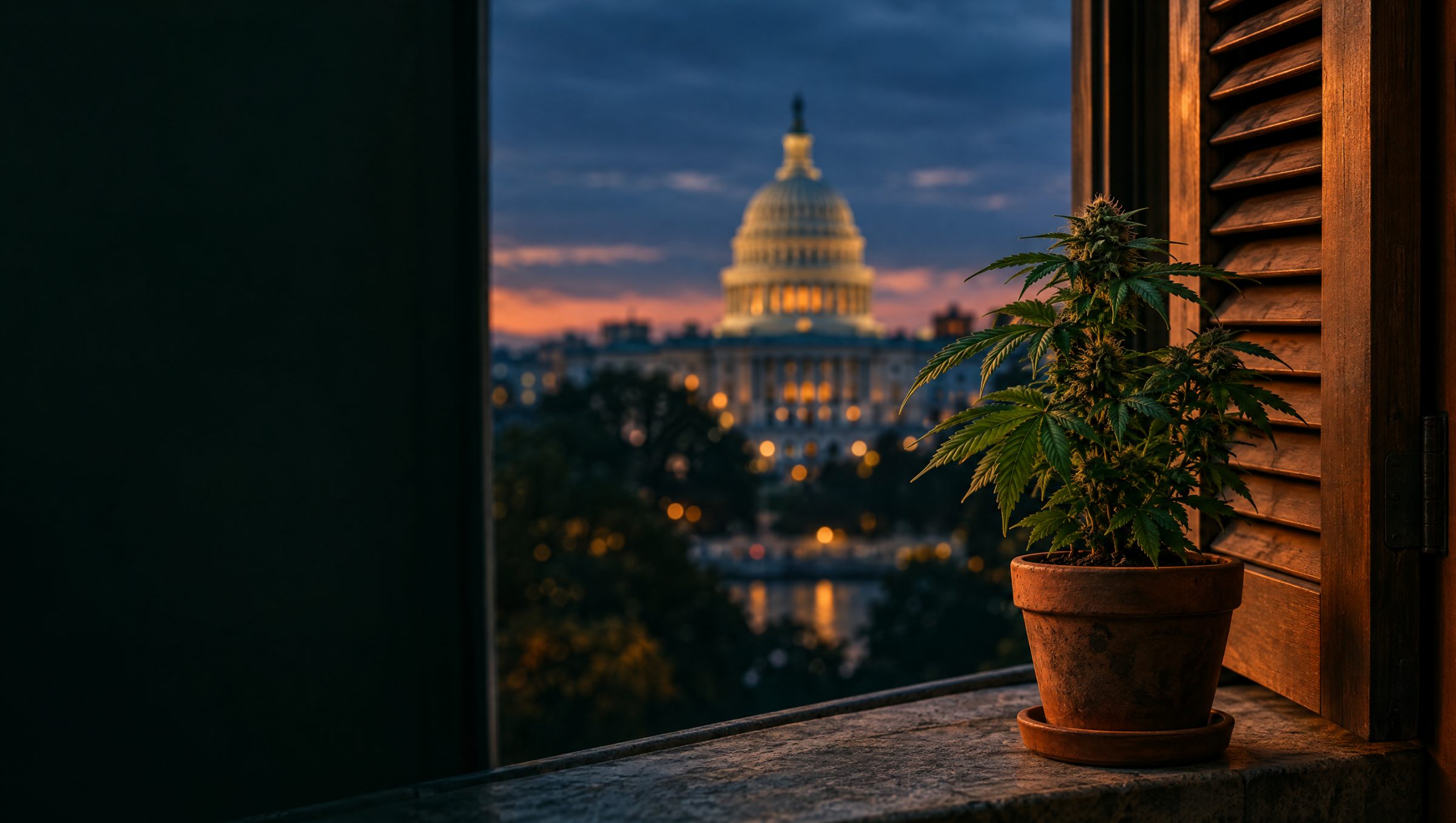A potted cannabis plant on a windowsill with the U.S. Capitol dome glowing in the distance at blue hour
