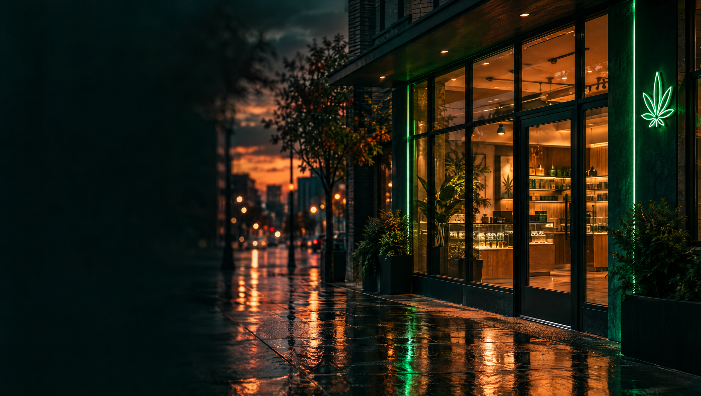 A licensed cannabis dispensary storefront glowing at dusk on a rain-soaked city street