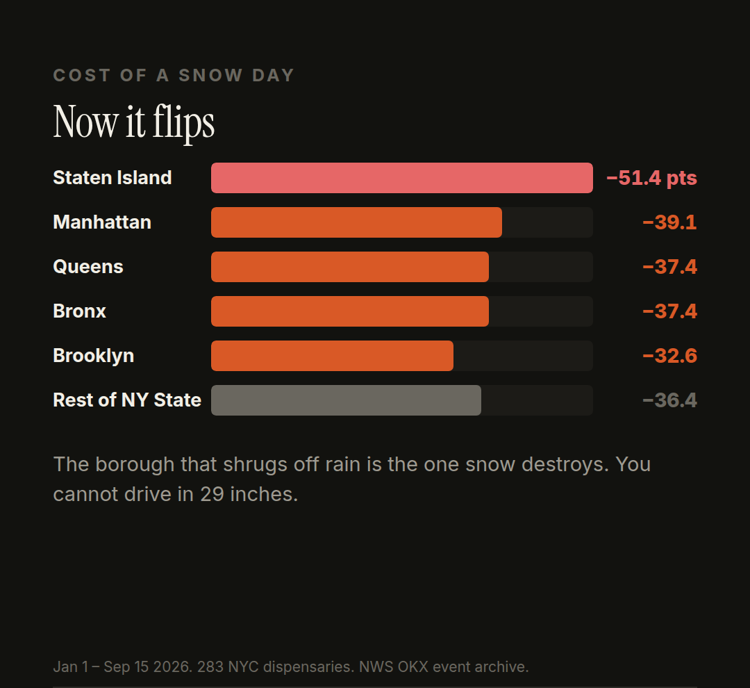 Snow is a tax on driving: Staten Island was hit hardest by both winter storms.