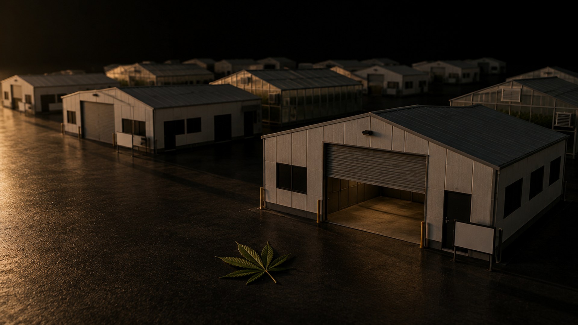 Rows of empty cannabis grow warehouses with blank lease signs