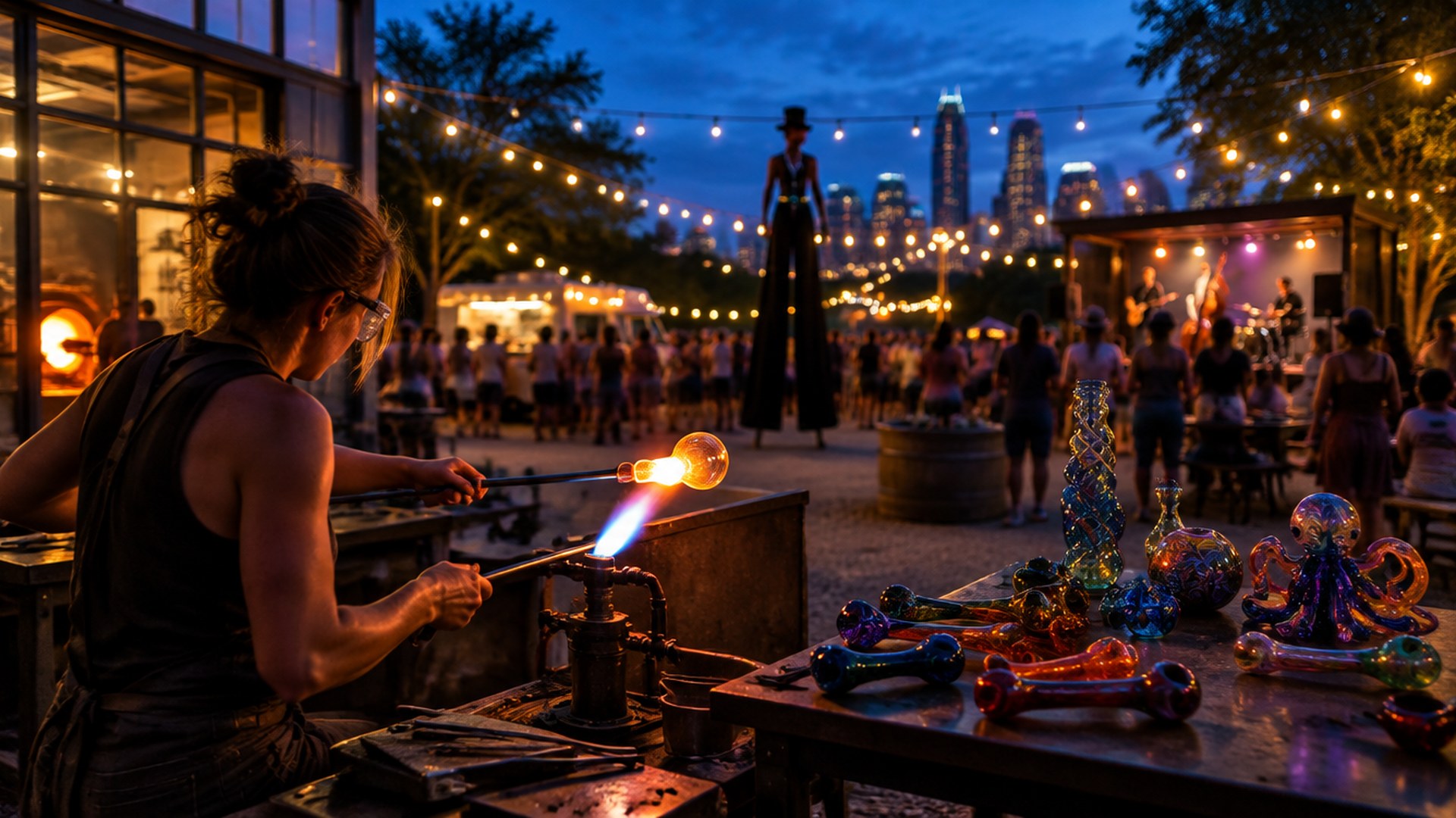 Glassblowers at work under string lights at a night festival in Austin (illustration)