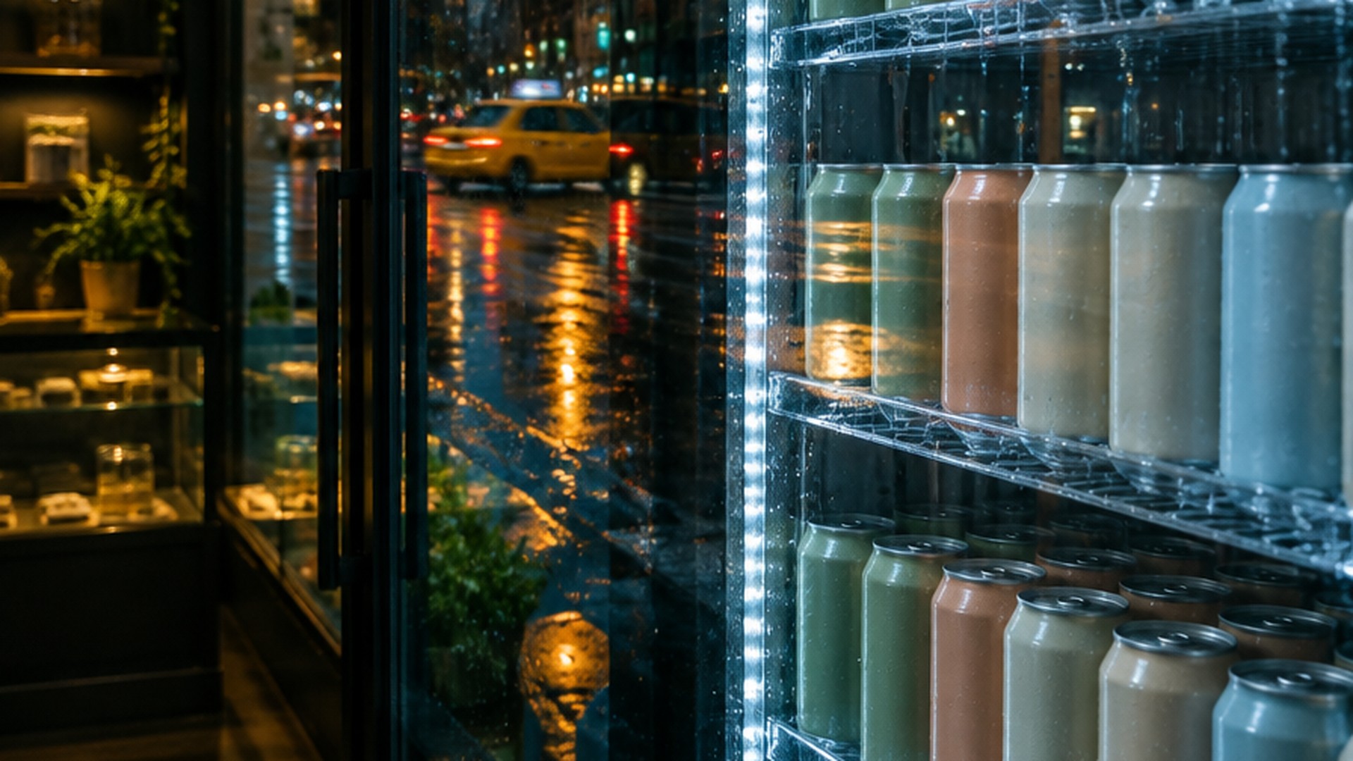 A glass-door beverage cooler of unbranded cans inside a New York dispensary at night, rain and a taxi reflected in the glass.