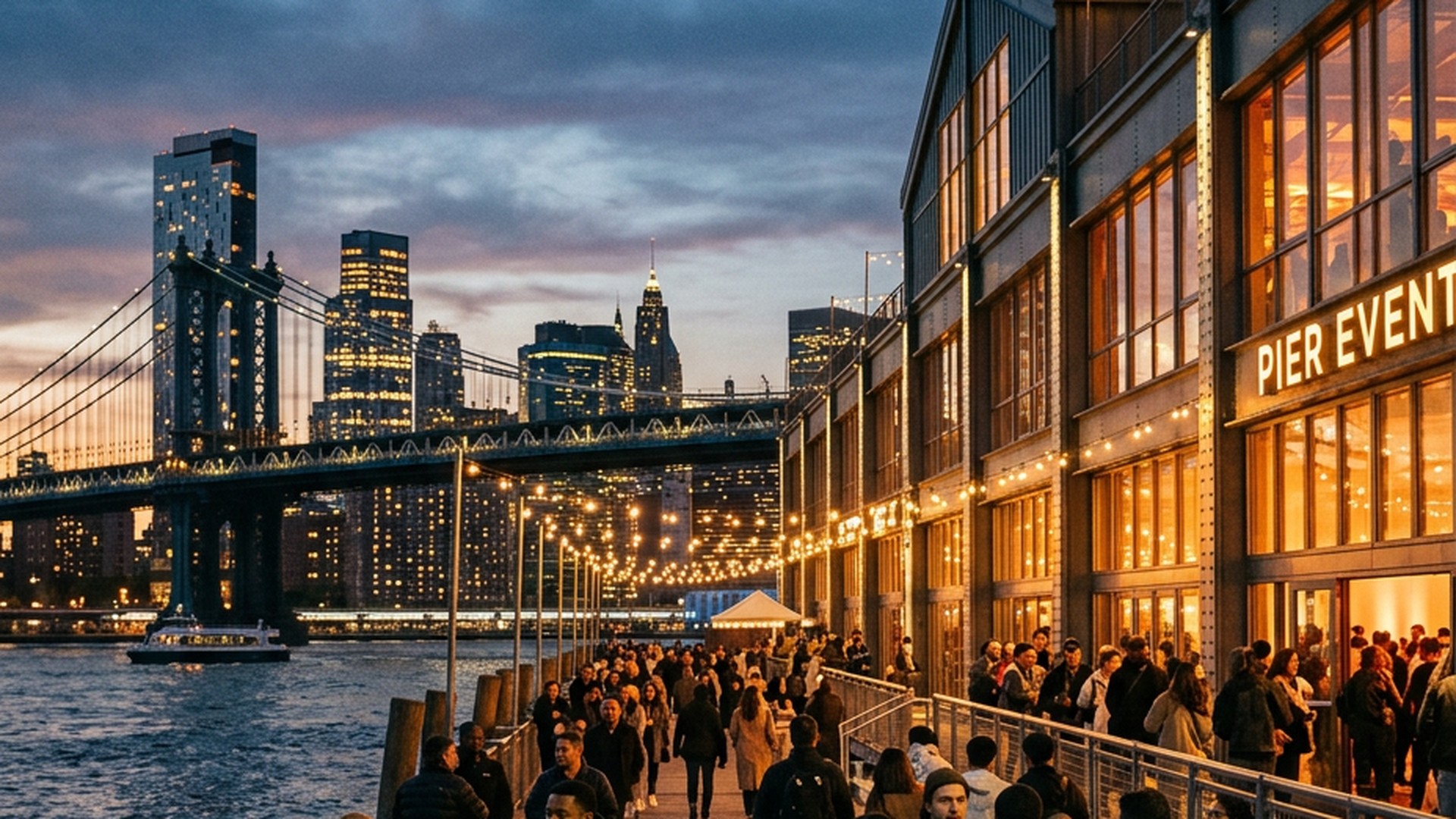 Pier 36 on the East River at dusk during Hall of Flowers week