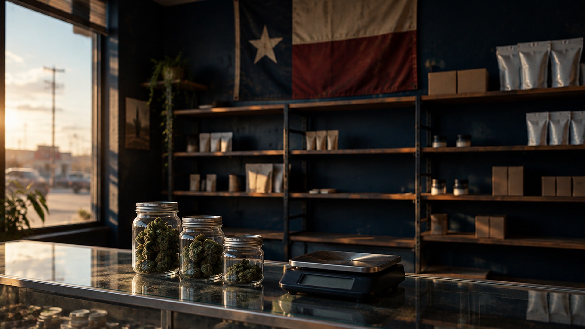 Jars of hemp flower on a Texas smoke shop counter with the shelves behind them half empty (illustration)